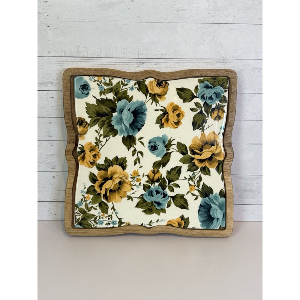 The Pioneer Woman Rose Shadow Trivet Ceramic Insert Wood Base Floral Tray
